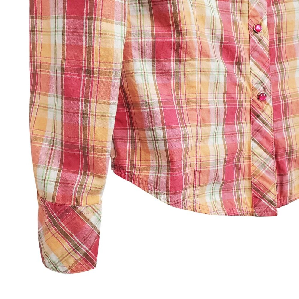 Vigoss M Shirt Girlie Western Pearl Snap Buttons Plaid Embroidered Floral Bird - Picture 6 of 13